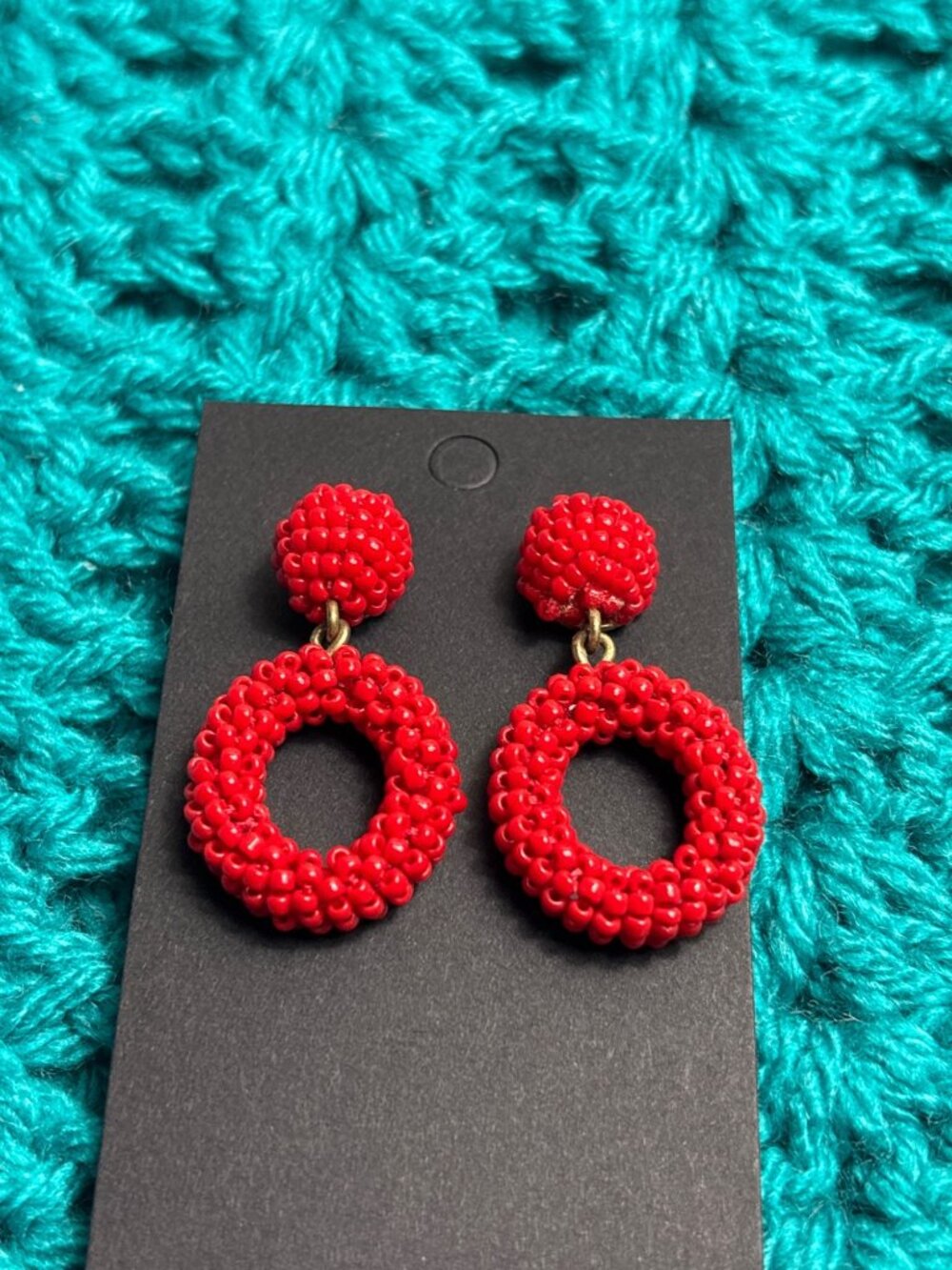 Red Seed Bead Circle Hoop Dangle Earrings 1 5/8 inches
